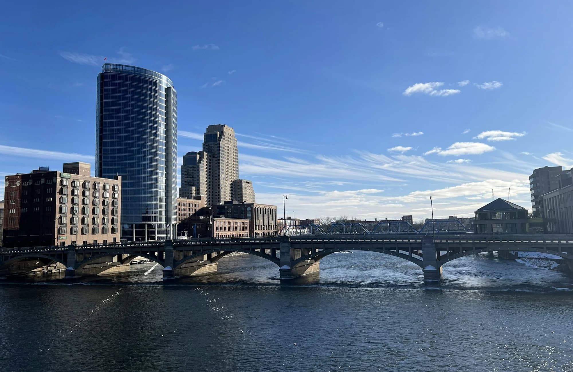 Grand Rapids seen from a bridge over the Grand River.