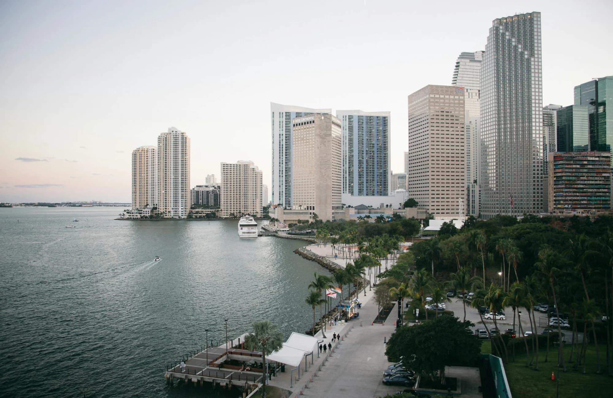 The Miami skyline seen across the water.