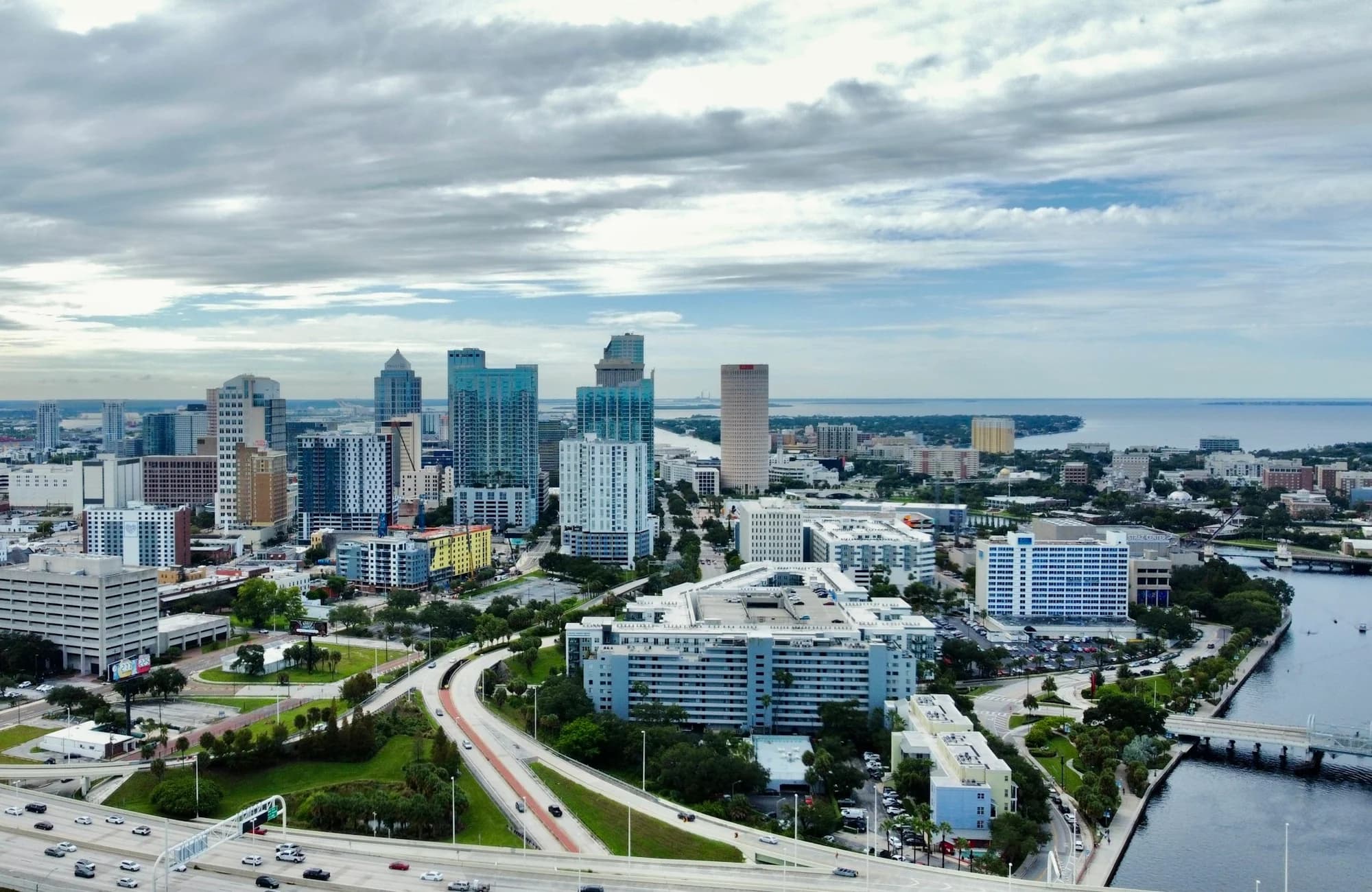 An aerial view of downtown Tampa and its surrounding road network.
