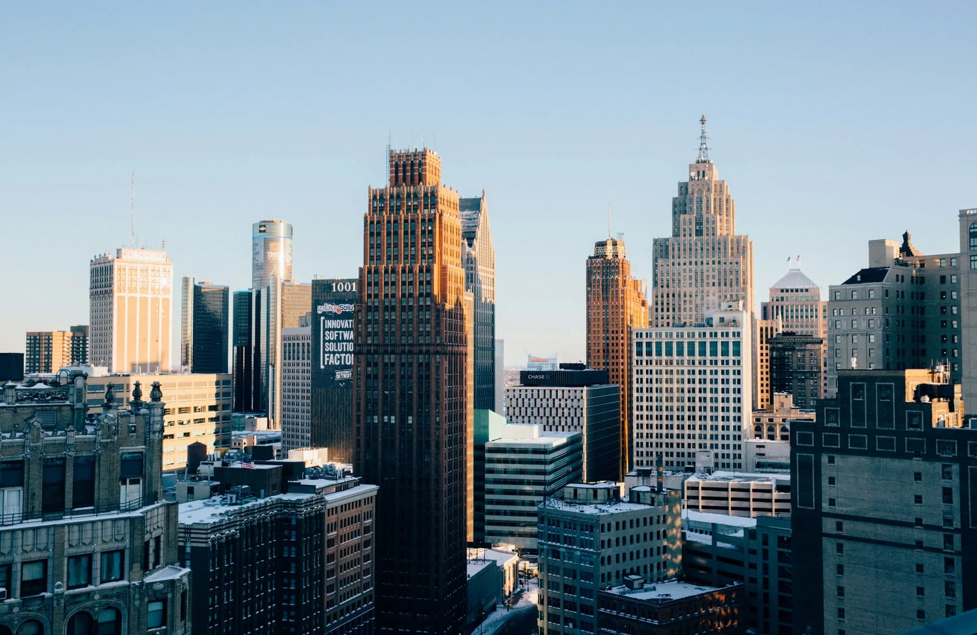 Downtown Detroit architecture viewed from the city streets.
