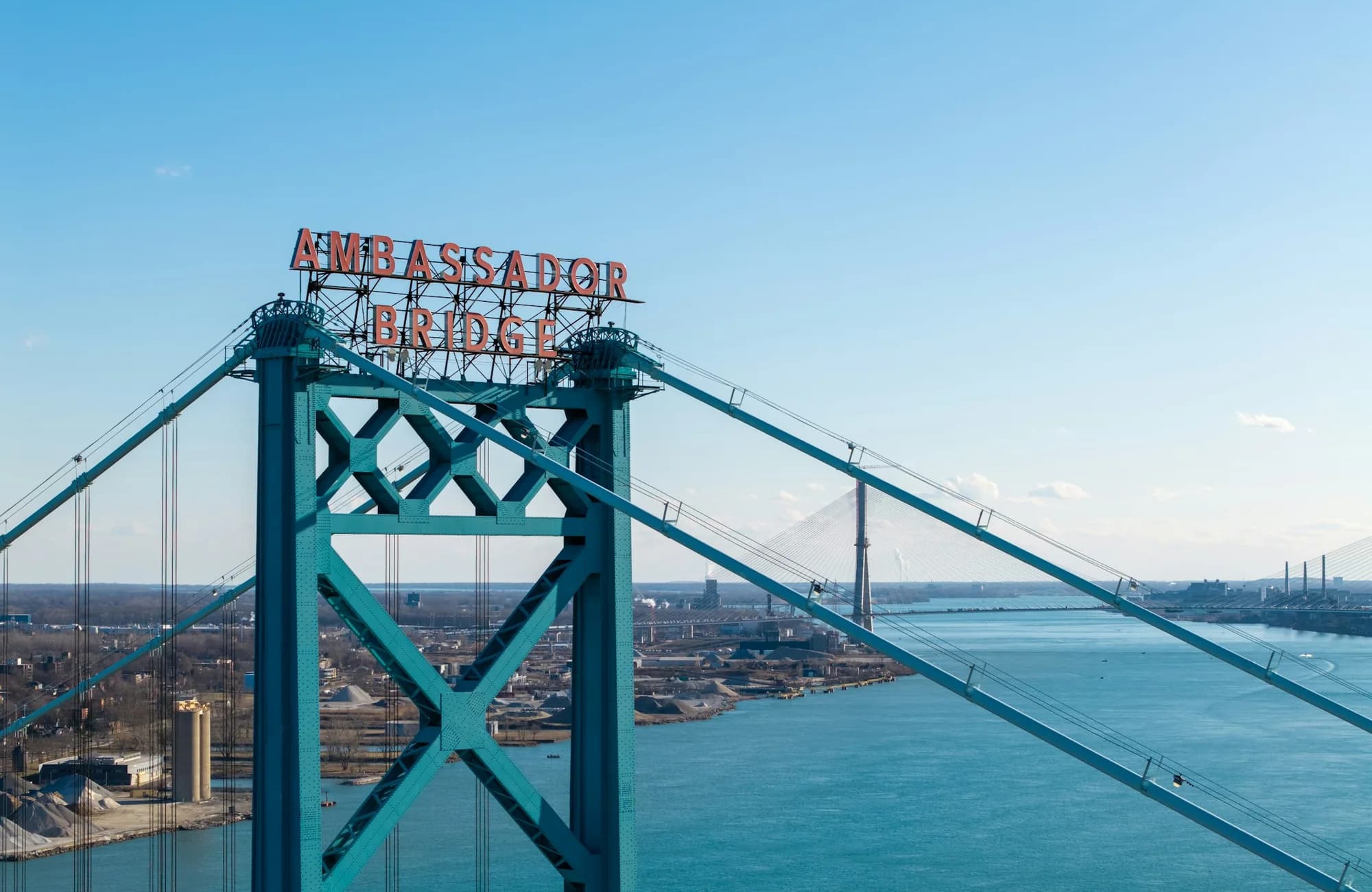 The Ambassador Bridge spanning the Detroit River.