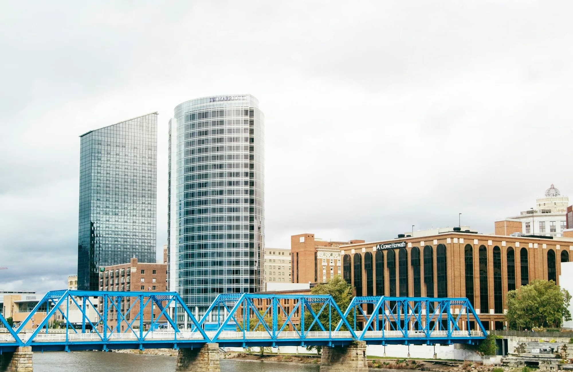 Grand Rapids buildings and bridges along the Grand River.