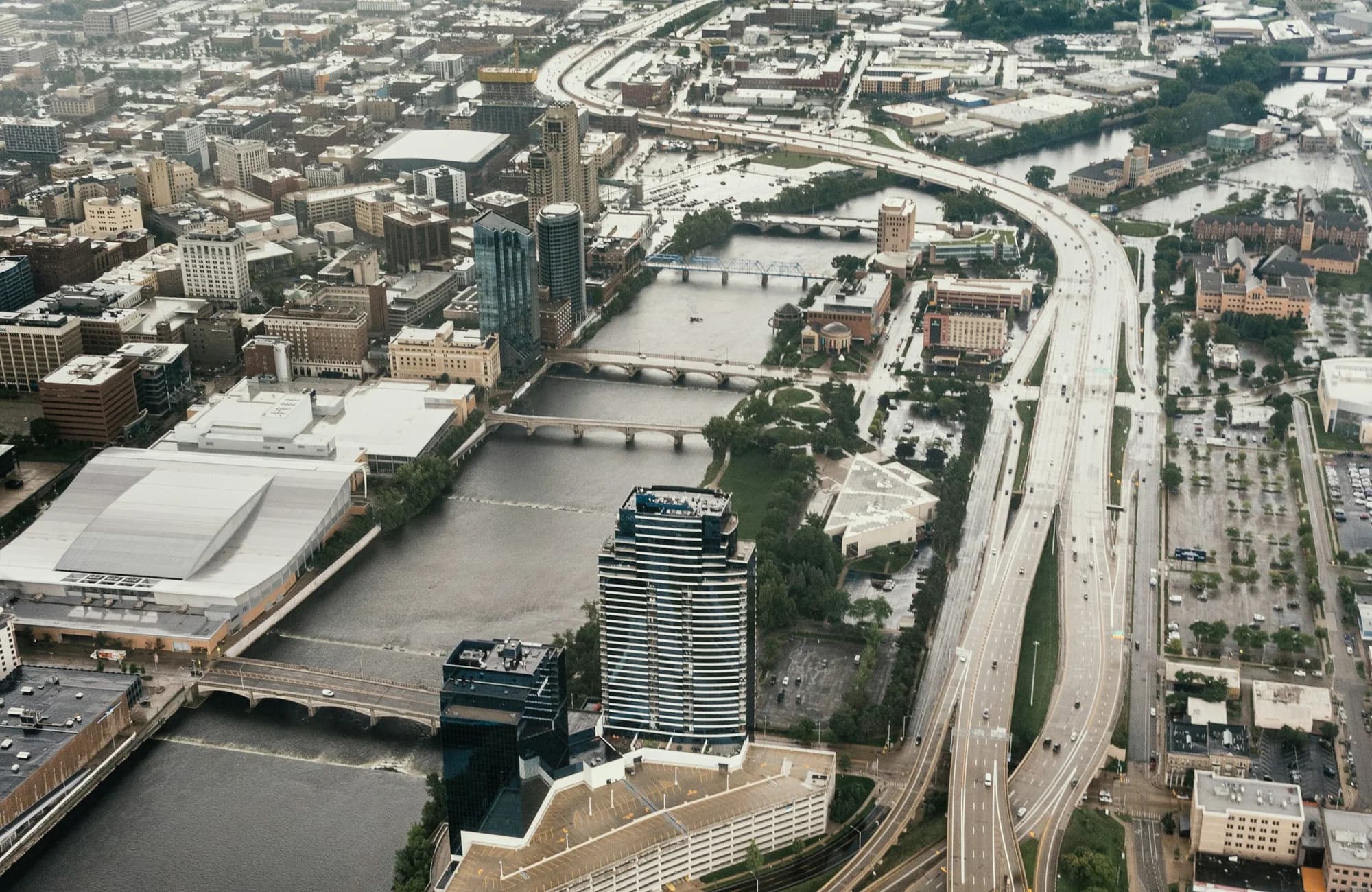 Grand Rapids streets and neighborhoods seen from above.