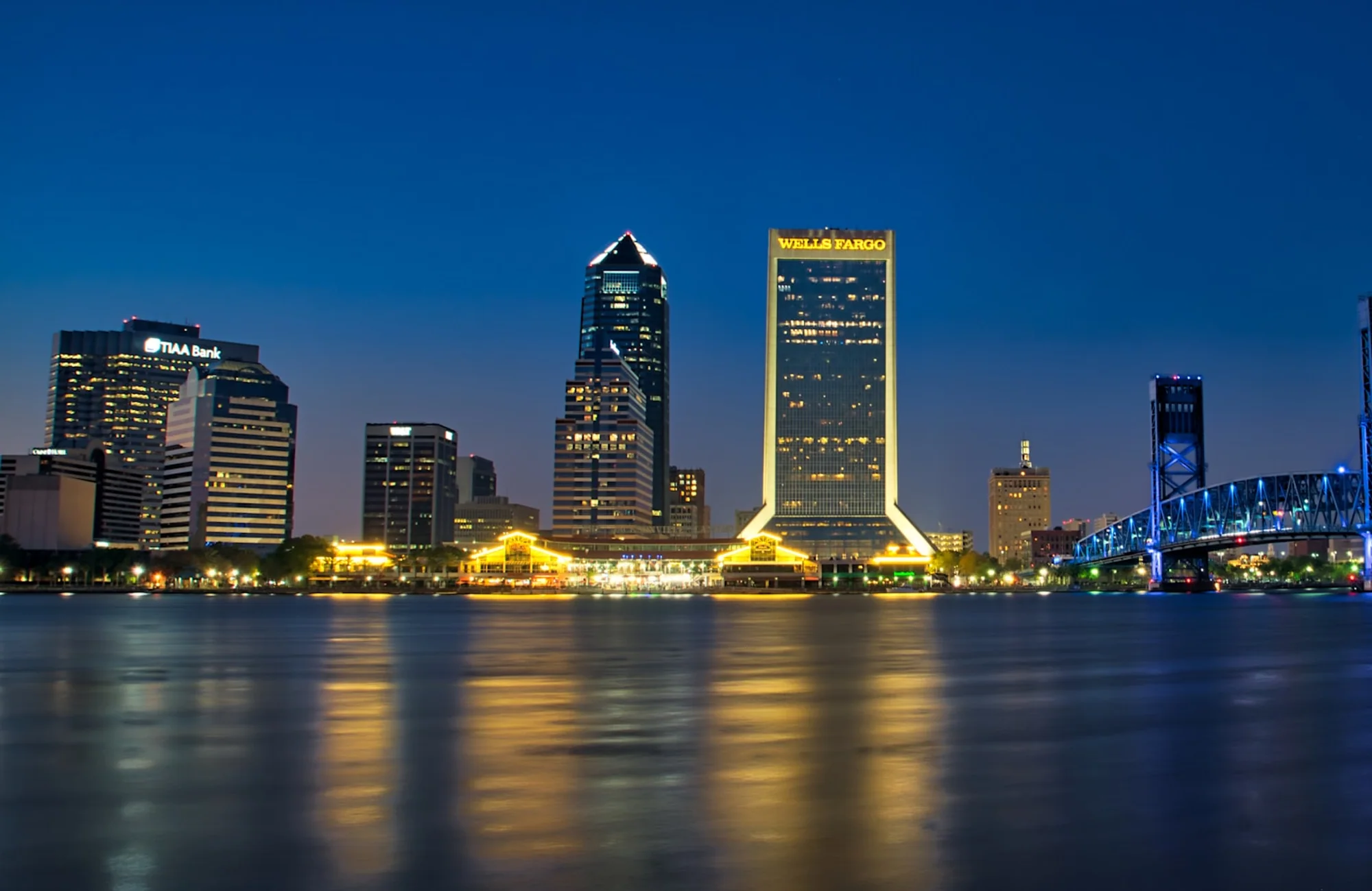 Downtown Jacksonville and its riverfront illuminated at night.