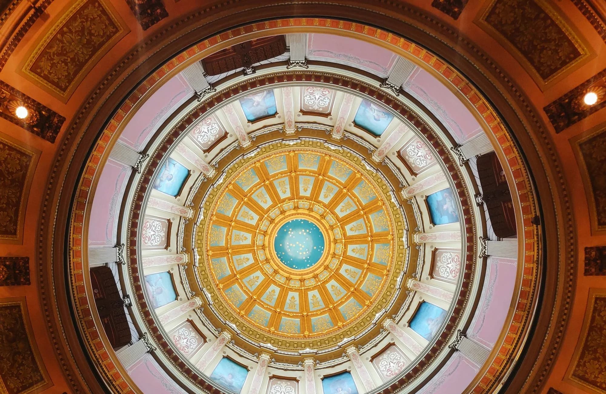 The decorative interior of the Michigan State Capitol dome in Lansing.