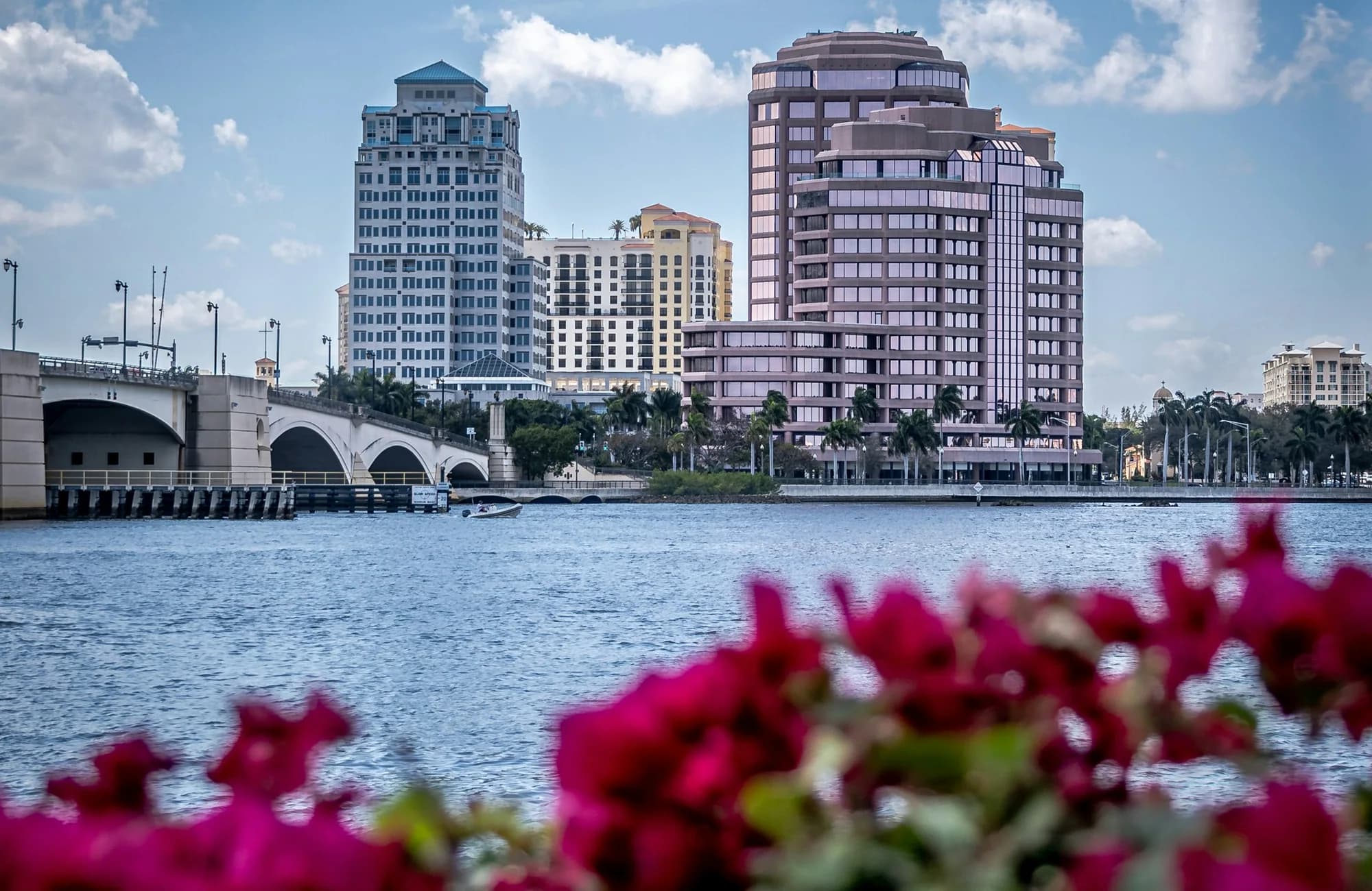 Flowers and the waterfront framing downtown West Palm Beach.