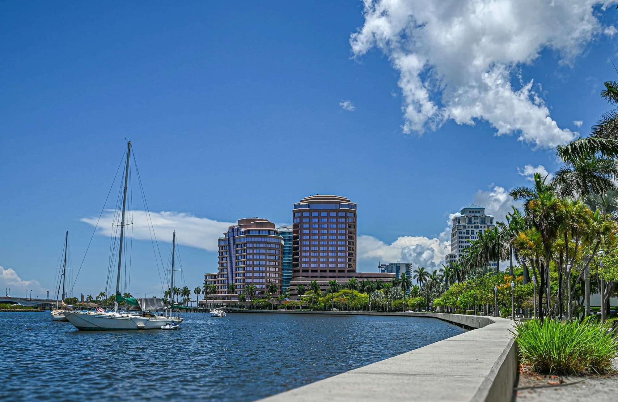Boats moored along the West Palm Beach waterfront.