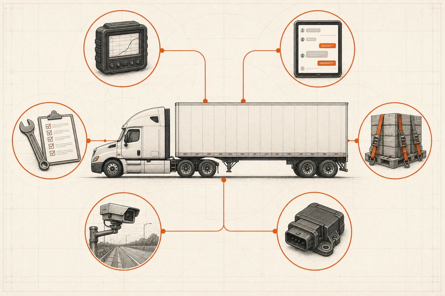 An editorial illustration of a commercial truck connected to six possible record systems, including driver logs, dispatch, maintenance, cargo, roadway footage, and vehicle data.