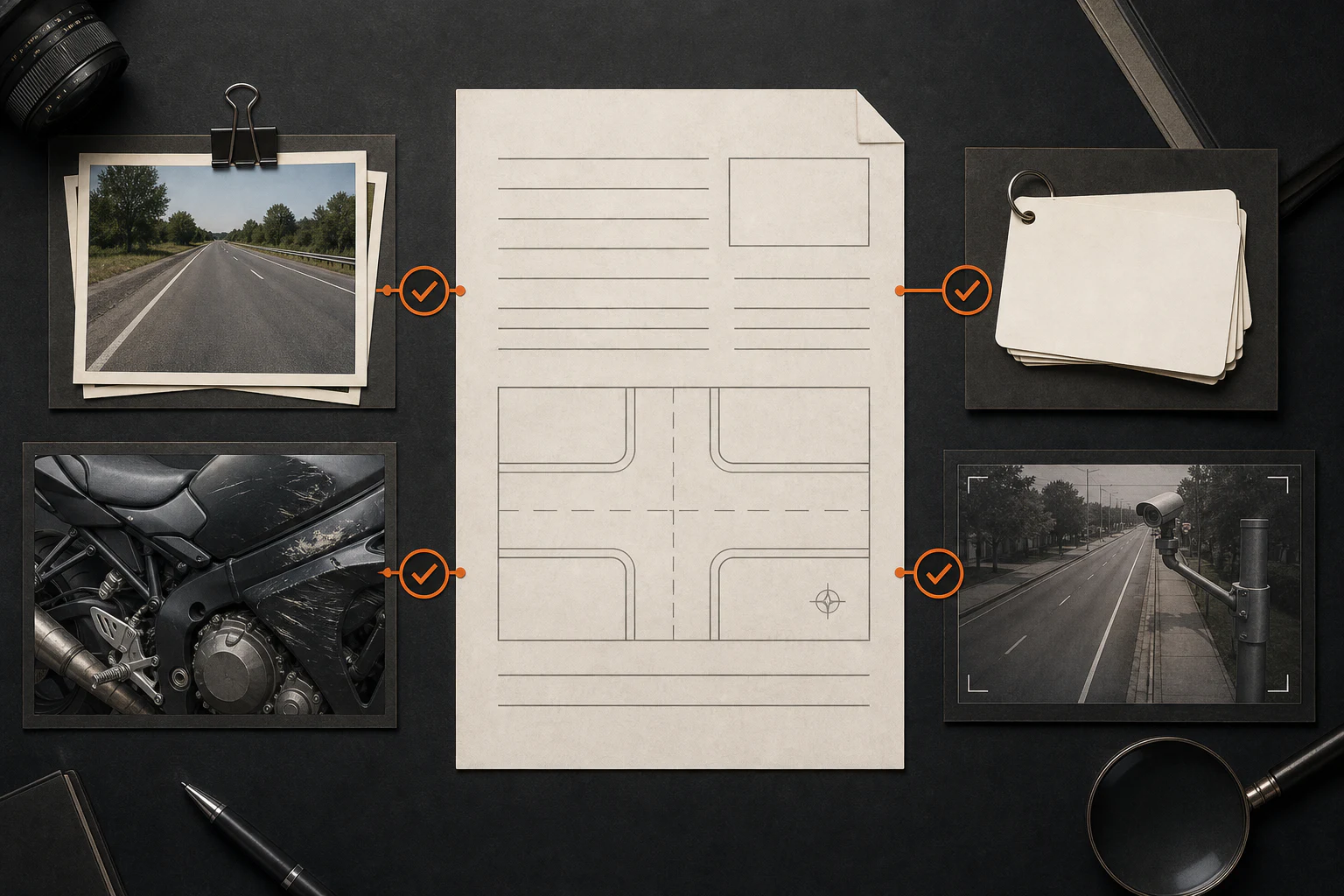 An editorial illustration of a crash report surrounded by scene photographs, witness notes, motorcycle details, and camera footage.