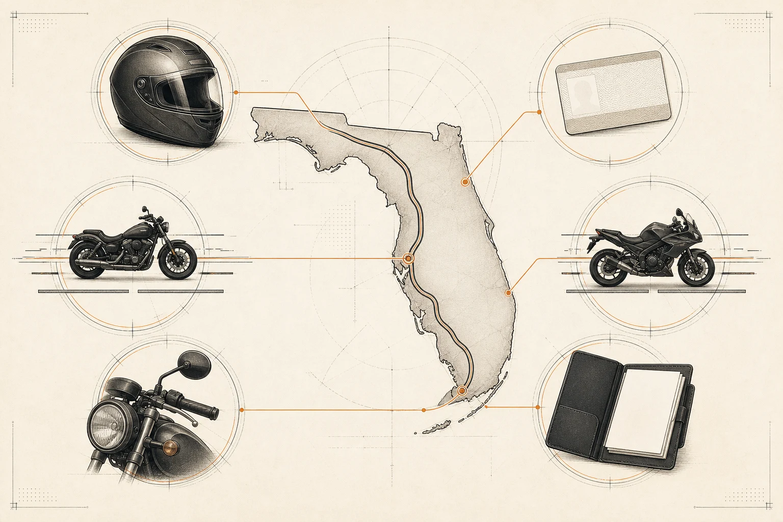 An editorial illustration of Florida connected to a motorcycle helmet, endorsement card, lane-use examples, passenger equipment, visibility equipment, and insurance records.
