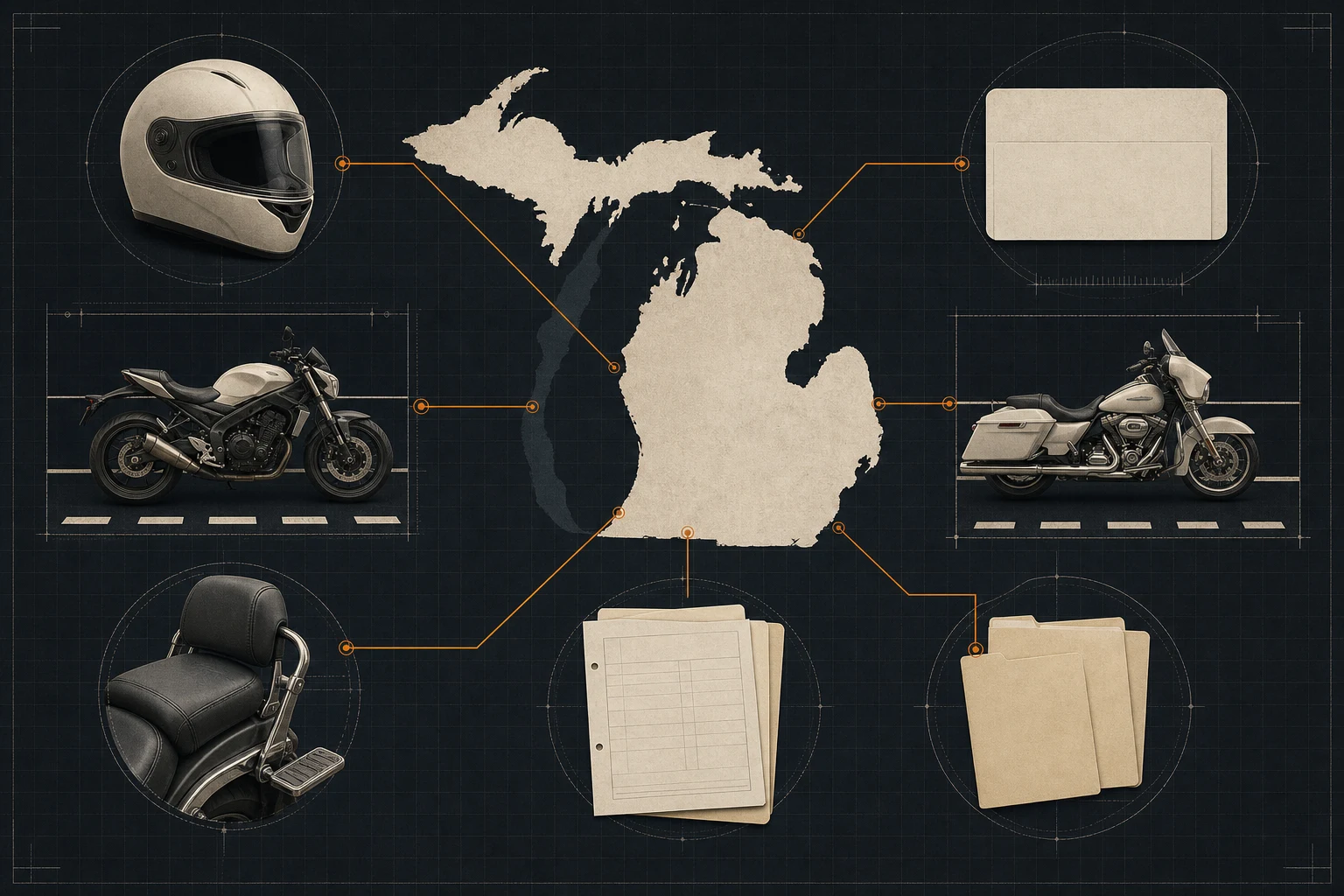 An editorial illustration of Michigan connected to motorcycle helmet conditions, endorsement information, lane use, passenger equipment, registration records, and insurance files.
