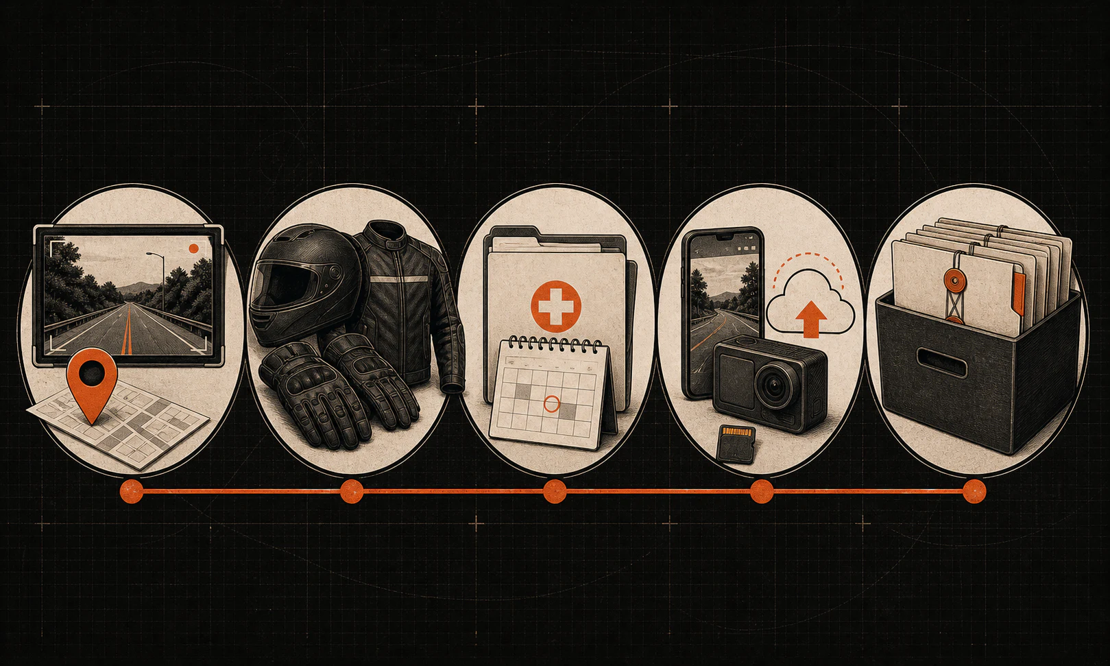 An editorial illustration showing five categories of information that may exist after a motorcycle crash: the scene, riding gear, medical care, digital files, and original records.